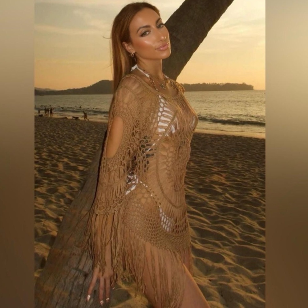 NWT Fashion Nova Vibes Crochet Long Sleeved Coverup - Taupe Size Medium